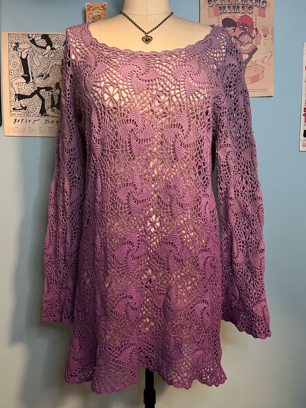 Vintage 90s Whimsigoth Fairycore Lilac Purple Ombre Cotton Crochet Sweater